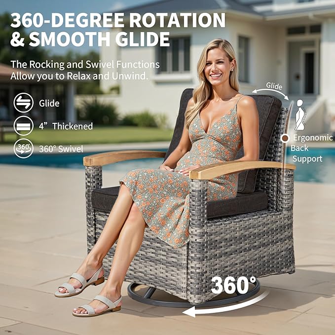 MEISSALIVVE 3 Piece Outdoor Swivel Rocking Chairs, Patio Furniture Bistro Set with 360° Wood Armrests Swivel Glide Chairs and Side Table for Deck Yard and Poolside (Black)