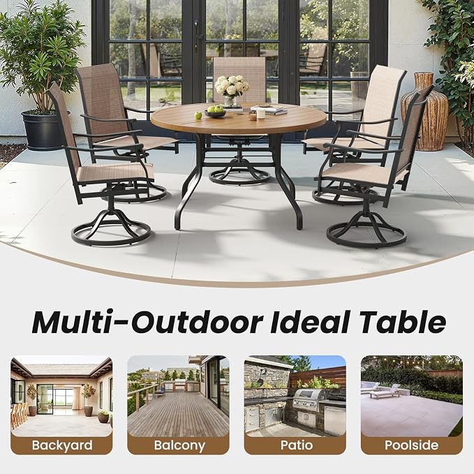 Soohow Round Outdoor Patio Dining Table, 47" Round Patio Table Wood-Like Grain with 1.57" Umbrella Hole, Metal Outdoor Dining Tables for Backyard and Poolside