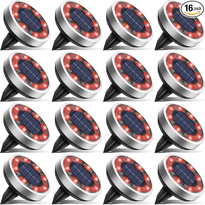 btfarm 16 Pack Solar Lights Outdoor, 8 LED Solar Ground Lights IP65 Waterproof Flat Solar Disc Light, Pathway Lights for Garden Lawn Patio Yard Path Landscape, Red