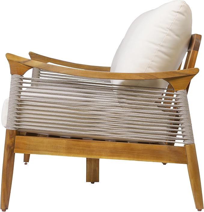 Merax 5-Piece Acacia Wood Patio Set with Rope Seats & Cushions | Teak-Finish Acacia Frame, Beige Woven Rope, Deep Seating Cushions And Coffee Table For Porch, Garden Or Backyard