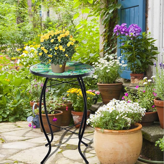 VCUTEKA Outdoor Side Table Mosaic End Patio Side Table Small End Tables Glass Top Round Balcony Coffee Tables Porch Indoor Glass Top Bee 14''