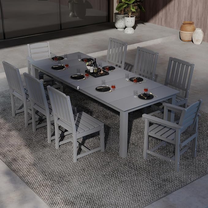 Kingdura 9 Piece Patio Dining Set for 8, HDPE Outdoor Table & Chairs with Umbrella Hole, All-Weather Outdoor Furniture Patio Conversation Set for Lawn Pool Backyard, Grey