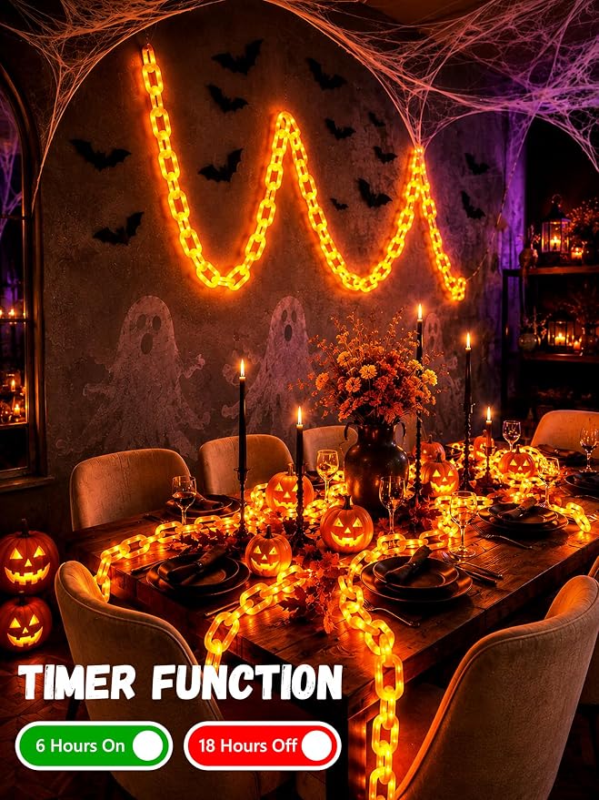 Battery Halloween Chain Lights, 10 FT 160 LED Orange Light-Up Plastic Timer | 8 Modes Battery Operated with Memory for Skeleton Dog, Yard Skeleton, Haunted House and Outdoor Decor Halloween Decorations