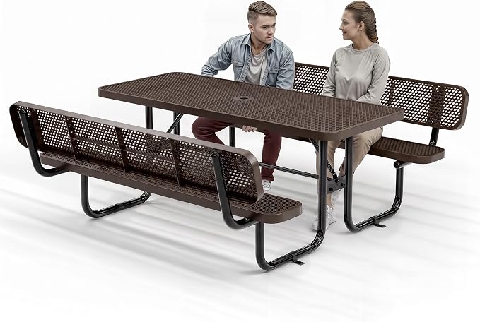 Commercial Heavy-Duty Metal Picnic Table with Backrest - ADA Compliant, Adjustable Seats, Umbrella Hole, Expanded Metal (Brown, 6' Rectangular with Back)