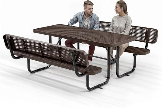 Commercial Heavy-Duty Metal Picnic Table with Backrest - ADA Compliant, Adjustable Seats, Umbrella Hole, Expanded Metal (Brown, 6' Rectangular with Back)