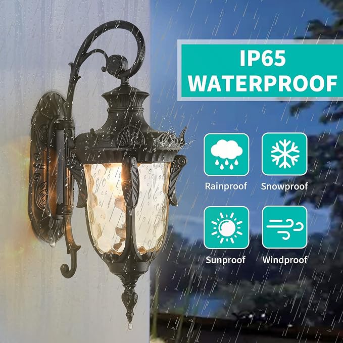 16.93” Outdoor Wall Light Fixture Black Exterior Wall Lantern | Outside Waterproof Sconce Rustic Porch Lights Wall Mount with Hammered Glass Shade for House