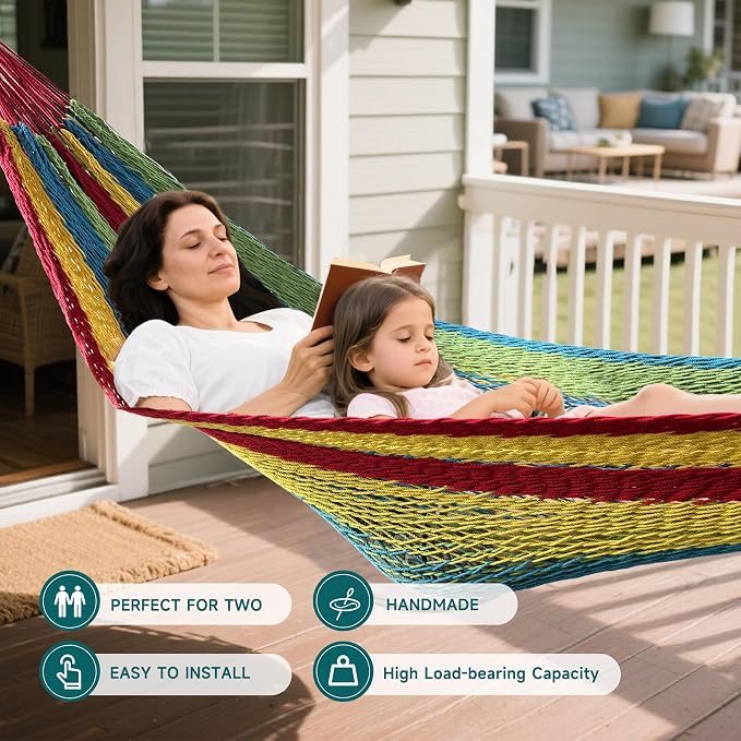 Handwoven Mayan Hammock - Breathable Open Weave for 1-2 Adults, Portable with Carry Bag by Bathonly (Backyard, Camping, Beach) - Multicolor