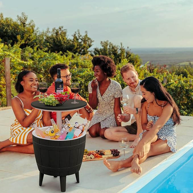 Devoko Outdoor Patio Furniture 10 Gallon Cooler Bar Table 3 in 1 Resin Patio Beer and Wine Ice Bucket Cocktail Table for Party, Pool, Deck (Black)
