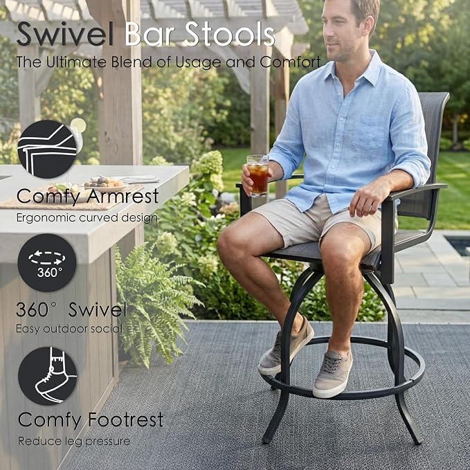 Kozyard 3-Piece Patio Bar Set with 2 Swivel Bar Chairs, Counter Height Outdoor Bistro Table Set with Marble-Look Tabletop & Storage Shelves, All-Weather Patio Furniture for Balcony, Backyard, Poolside