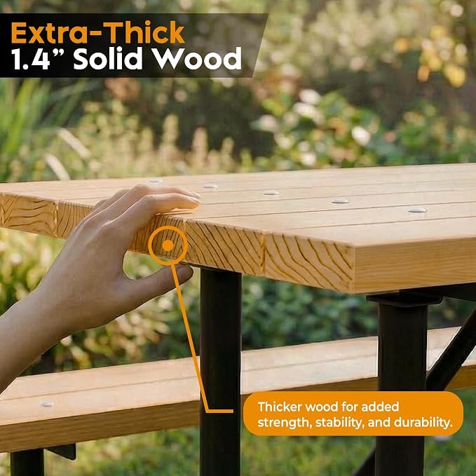 Commercial Wood Picnic Table with Metal Frame & 1.38" Thick Pine (Radiata Pine, 4' Rectangular)