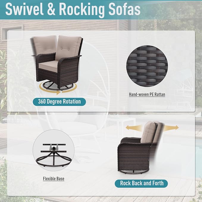 ALAULM 10 Pieces Patio Furniture Set with 2 Swivel Chairs Wicker Patio Conversation Set, Outdoor Sectional Furniture w/Coffee Table & Washable Seat Cushions-Sand