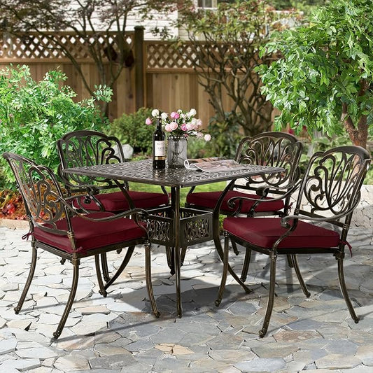5-Piece Outdoor Patio Dining Set, All-Weather Cast Aluminum Patio Furniture Set for Backyard Garden Deck with 4 Chairs, 4 Cushions and 35.4” Square Table, 2.2" Umbrella Hole, Red