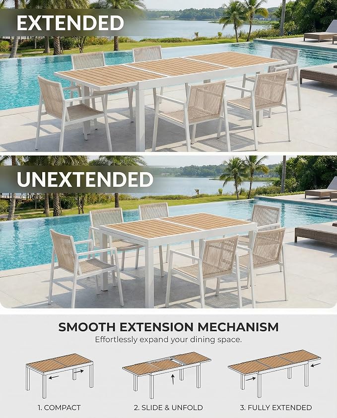 ZANDOR Expandable Outdoor Dining Set for 4-6-8,Patio Table and Chairs Set with Wood Top for Garden,Backyard,Porch,55"-82.7" Extendable Aluminum Outdoor Table Set with 8 Chairs,White