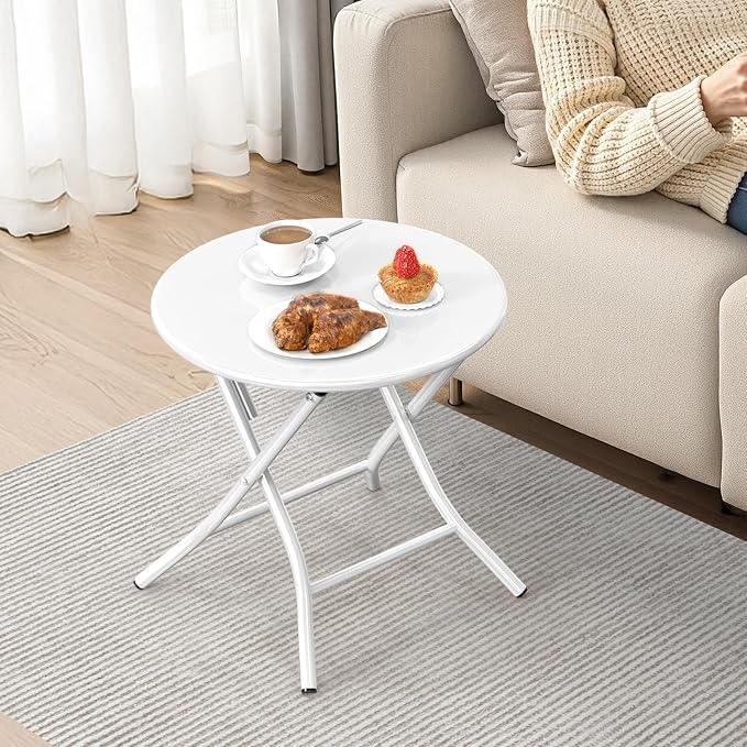 VINGLI Patio Metal Folding Side Table, Portable Small Outdoor Folding Round Table, Perfect for Indoor and Outdoor Spaces Like Balconies, Backyards, Porches, and Patios.White（1 Pack）
