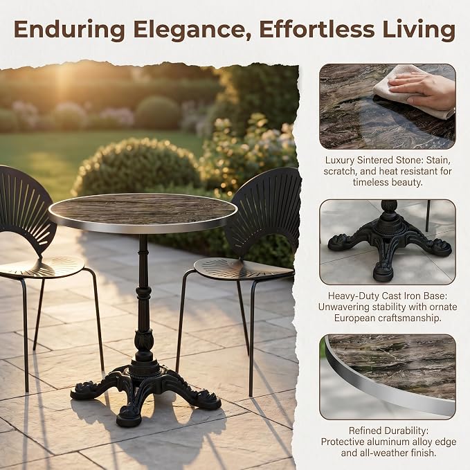 SSLine 31.5" Sintered Stone Dining Table, Marble Top Bistro Table with Heavy-Duty Cast Iron Base, Waterproof Tulip Table for 2-4 Person,Indoor/Outdoor Use for Patio,Cafe,Restaurant (Round-Brown)