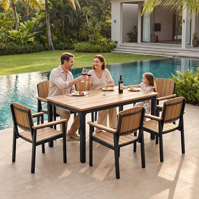 Outdoor Dining Chairs Set of 2, Aluminum Patio Dining Chairs with Armrest for Ergonomic Design, Aluminum Frame HDPS Faux Wood, All Weather Outdoor Furniture for Garden and Indoor Nature Wood