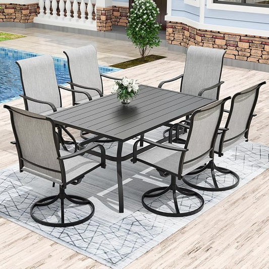 Anmutig 7-Piece Outdoor Patio Dining Set with 6 Swivel Chairs, Outdoor Furniture 6 Dining Swivel Chairs and Steel Frame Slat Rectangular Table with 1.57" Umbrella Hole for Backyard, Grey