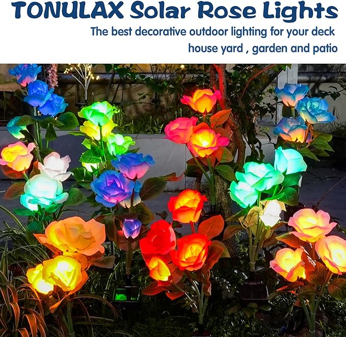 TONULAX Solar Garden Lights - Upgraded Outdoor Light, 7 Color Changing Rose Lights for Yard,Garden Decoration, Enlarged Solar Panel, More Realistic Rose Flower (4 Packs)