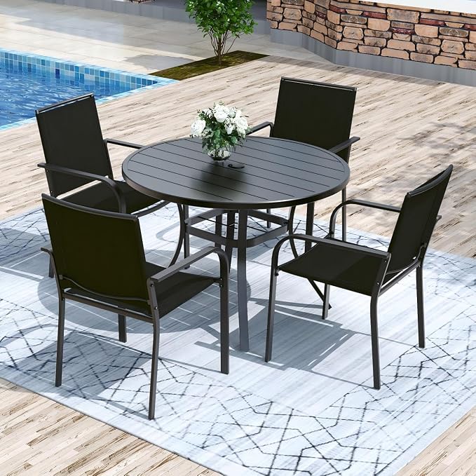 Anmutig Round Outdoor Dining Table, 41-inch All-Weather Patio Table with Adjustable Umbrella Hole for Deck Lawn Garden Backyard Balcony Deck, Black Metal Frame Slatted Tabletop