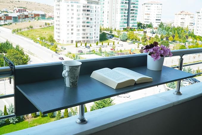 Balcony Bar Table for Railings, Outdoor Folding Deck Rail Table for Patio, Balcony Hanging Desk for Many Railings Compatible, Wooden Bar Serving Table for Porch (Grey, L: 39.5 x 11.8 inches)