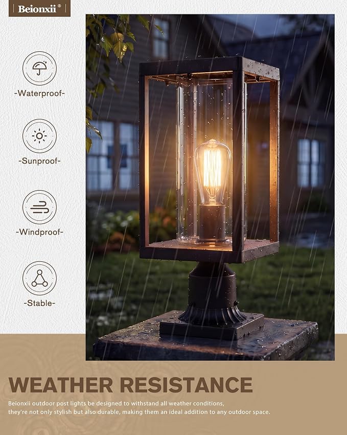 Beionxii Outdoor Post Lights, 20In Post Lantern with Pier Mount Base,Bronze | Aluminum Exterior Lamp Post Light Fixture with Glass, Waterproof Fence Post Deck Lighting for Garden, Patio, BXA291-P-1PK-ORB