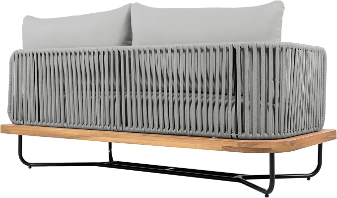 Christopher Knight Home 3-Piece Patio Furniture Set, Acacia Wood Outdoor Sectional Sofa with Rope Woven & Cushions, 4-Seat Sofa, Loveseat and Coffee Table, Outdoor Conversation Set, Light Grey+Teak