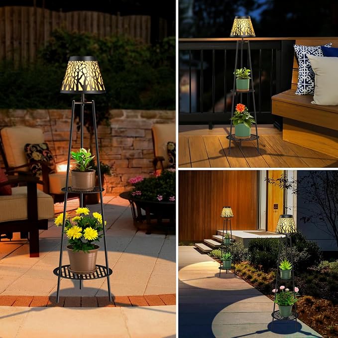 2 Pack Solar Floor Lamps Outdoor with 2-Tier Plant Stand, Metal Tall Planter Holder with Waterproof LED Lantern, Decorative Patio Light & Flower Pot Display Rack for Garden, Deck, Porch, Balcony