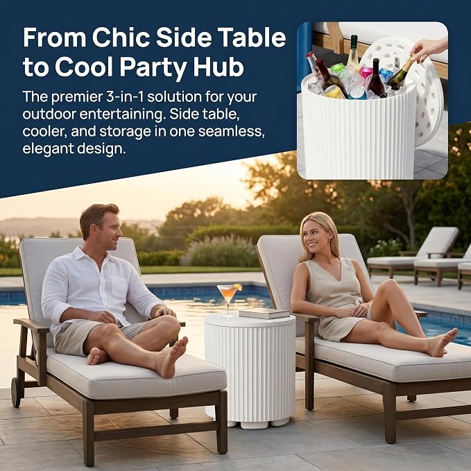Zapdos 3-in-1 Outdoor Cooler Side Table, Dense Fluted Design, 330lbs Capacity Patio Ice Bucket