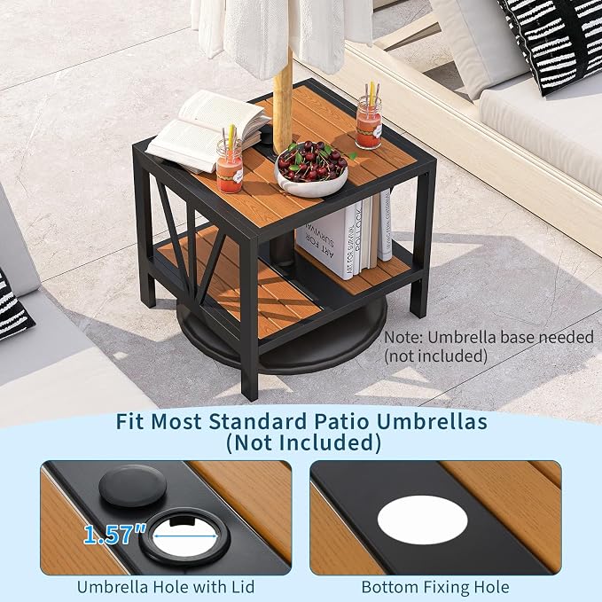 Tangkula Outdoor Side Table with 1.57” Umbrella Hole, 2-Tier Patio Metal End Table with Storage Shelf, Small Bistro Coffee Table for Porch, Balcony, Garden and Backyard (2)