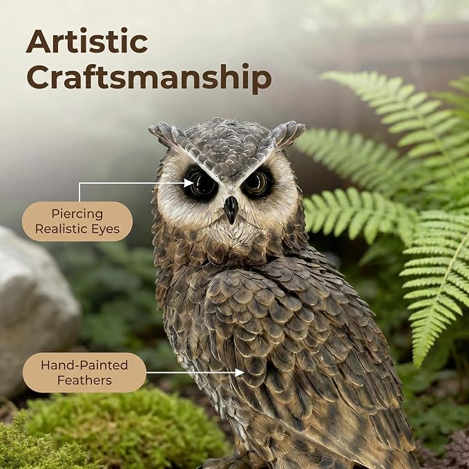 18.98" Hand-Painted Resin Owl Garden Statue | Lifelike Woodland Animal Figurine, Durable Yard Sculpture, Branch Base, Outdoor Patio, Lawn & Nature Decor