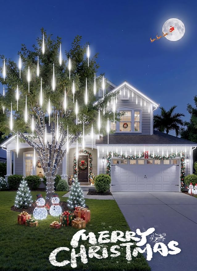 Meteor Shower Lights Outdoor, 16Inch 20 Tube 720 LED Icicle Christmas Light | Waterproof Meteor Christmas Light Outdoor, Hanging Falling Rain Light for Tree Bushes Holiday Party Christmas Decor, White