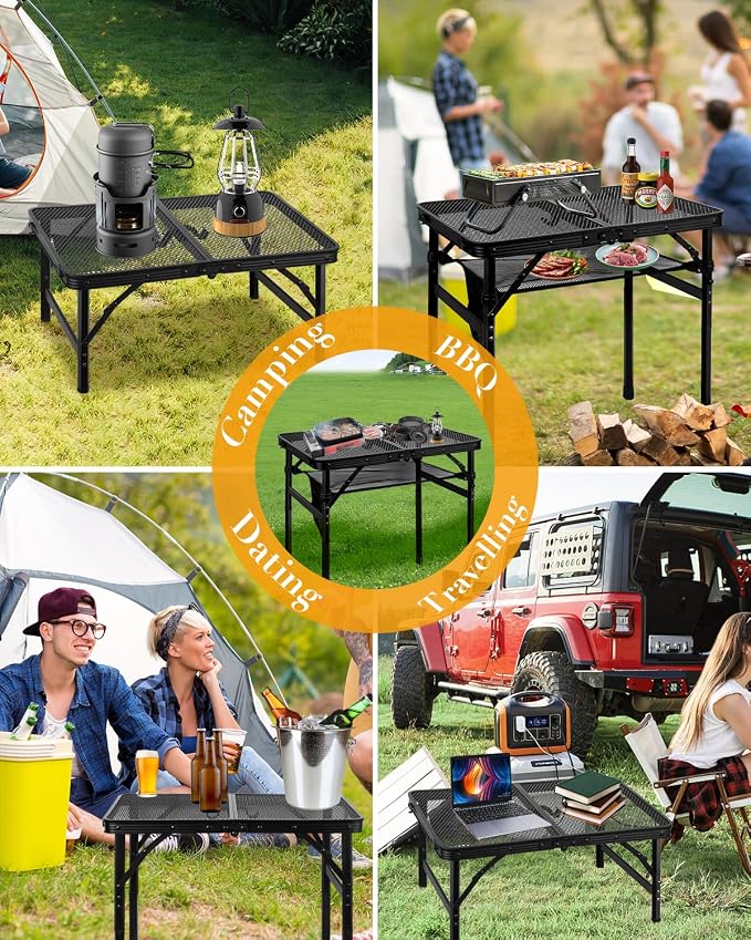 Honagu Folding Grill Table, Height Adjustable Metal Picnic Outdoor Table, Portable Camping Table for Outdoor Camping, Patio, Dining, BBQ, Party, Travel Cooking,Small 23.6"×15.7"Lightweight, Waterproof