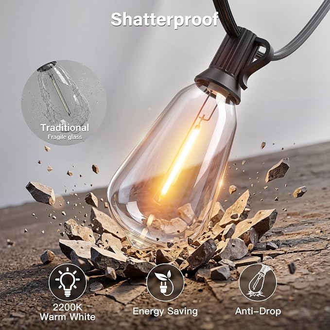 Ollny 155FT Outdoor String Lights, Shatterproof Connectable Patio Lights with 60 ST38 Edison LED Bulbs, 2200K Warm White Waterproof String Lights for Outside Backyard, Gazebo, Porch, Balcony, Bistro
