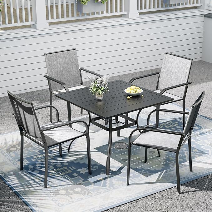 Outdoor Patio Furniture Set,4 Piece Stackable Patio Chairs and 35" Steel Dining Table with 1.6" Umbrella Hole,Suitable for All-Weather
