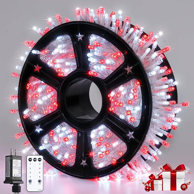 JMEXSUSS 600 LED Red and White Christmas Tree Lights with Remote | String Lights Outdoor Indoor Clear Wire, 168ft Christmas Twinkle Lights Plug in for Tree Birthday Party Christmas Decorations