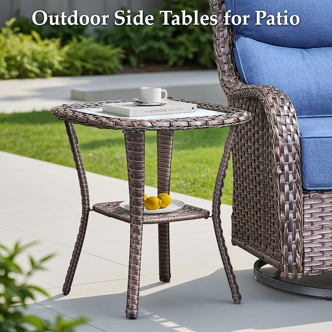 Luxury Outdoor Swivel Rocker Patio Chairs-3 Piece Wicker Patio Rocking Chairs Set of 2 with Glass Side Table 6" Thick Cushions High Back Outdoor Furniture Sets for Deck Porch Balcony(Brown/Blue)