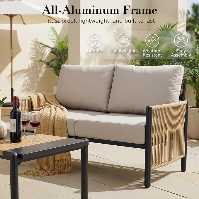 Aluminum Patio Furniture Set, 4 Seats Outdoor Patio Furniture with Coffee Table, Outdoor Wicker Conversation Sets with Cushion for Backyard, Balcony,Porch,Light Grey