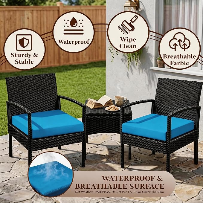 PROHIKER Patio Porch Furniture Set, 3 PCS Outdoor Patio Furniture with Rattan Chairs, Table, Blue Cushions for Garden Porch Balcony Yard