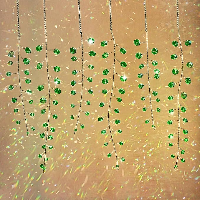 6 Pcs Crystal Beaded Suncatchers Artificial Green Plants Hanging Wind Chime | Beaded Glass Plant Suncatcher with Chain for Window Indoor Outdoor Potted Plants Decorations Plant Lover Gift