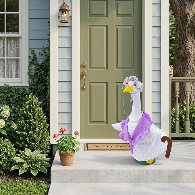 Old Lady Porch Goose Outfits with Floral Dress for 23" Cement Goose Statues | 23 inch Funny Concrete Goose Outfit Grandma Costume with Wig Glasses Cane for Lawn Yard Garden Patio Decor(Hyacinth Floral)