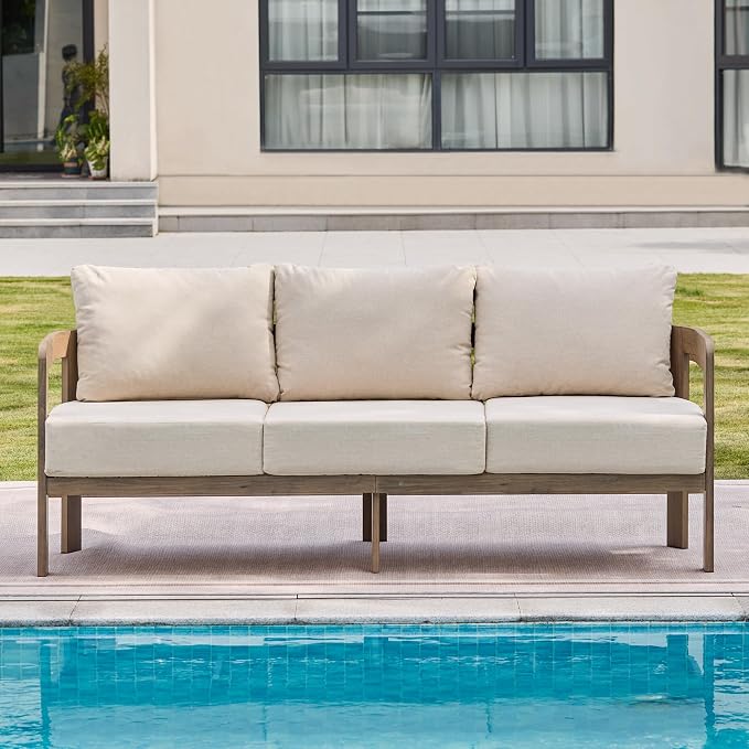 Aluminum Outdoor Patio Sofa, 3-Seat All-Weather Metal Modern Couch with Washable Thick Cushion for Garden/Backyard/Porch, Beige | All-Weather Metal