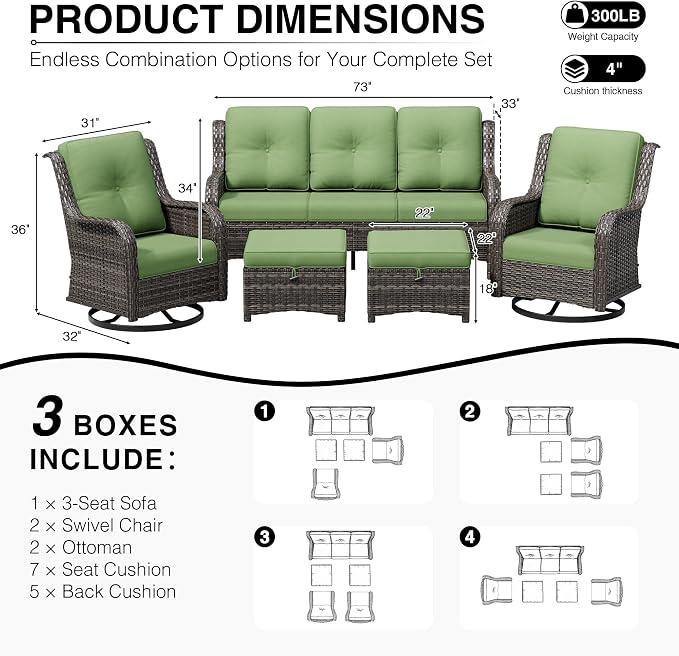 Joyside 5 Piece Wicker Patio Furniture Set, Outdoor Swivel Rocker Patio Chairs with High Back, Deep Seating, Wide Armrest, Thickened Cushions, Outdoor Furniture for Deck, Porch Use