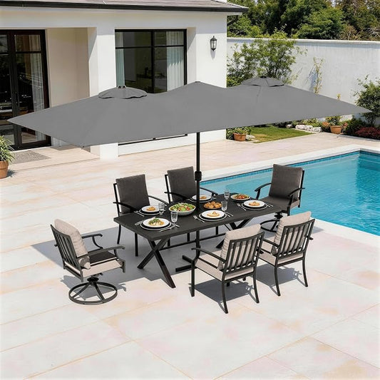 8 Pieces Patio Dining Set,Metal Outdoor Furniture Set Includes 13.6FT Grey Umbrella,Hole Cut-Out 78.7" x 35.4" Table and 6 Metal Backrest Chairs for Backyard,Garden,Brown