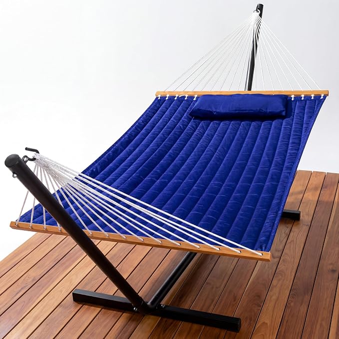 Double Quilted Hammock with Spreader Bar, Pillow & Chains, 450 lbs Capacity, Weather Resistant, for Patio, Backyard, Beach, Outdoor, Navy Blue