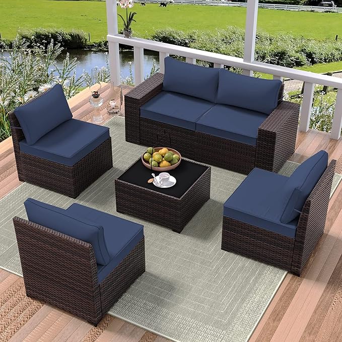 6 PCS Outdoor Patio Furniture Set,Outdoor Sectional Furniture All Weather PE Rattan Wicker Patio Conversation Set with Coffee Table and 5 Thickened Cushions,Navy Blue