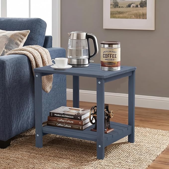 Solid Fir Wood Side Table with 2-Tier Storage, Weather-Resistant Outdoor Indoor End Table,Darkblue Rustic Color Night Stand