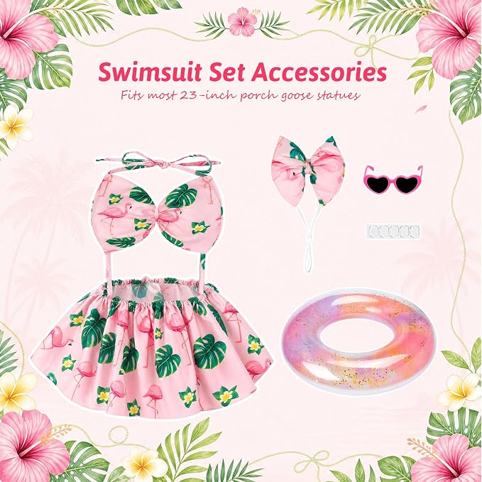 Hawaiian Porch Goose Outfits Summer, Flamingo Bikini Goose Outfit | Goose Costume with Sunglasses & Swim Ring Fits 17 23 Inch Cement Yard Plastic Statues, Outdoor Garden Patio Decor