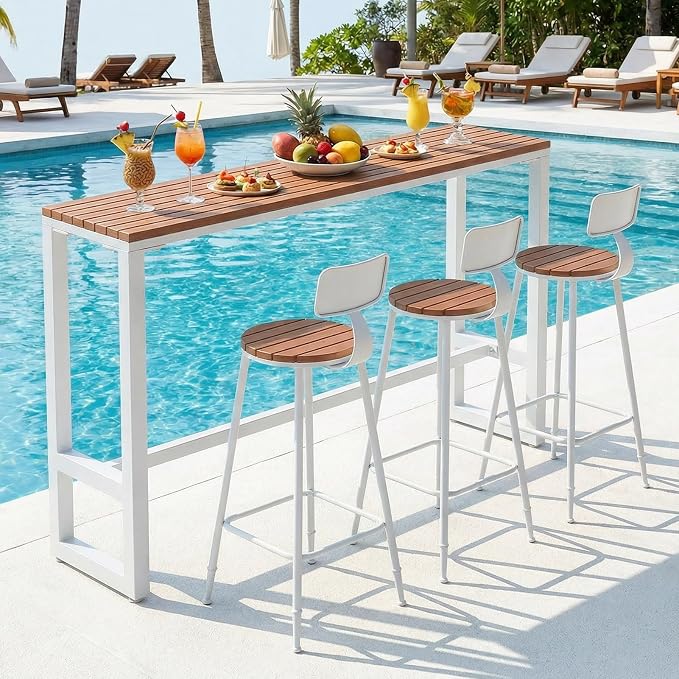 Outdoor Bar Table Weather Resistant, Wood Counter Height Bar Table Rain Sun Protection, Extra Long High Top Table 47.2"-102.4", for Patio, Garden, Yard, Balcony, Poolside(White,86.6"x15.7"x40.5")