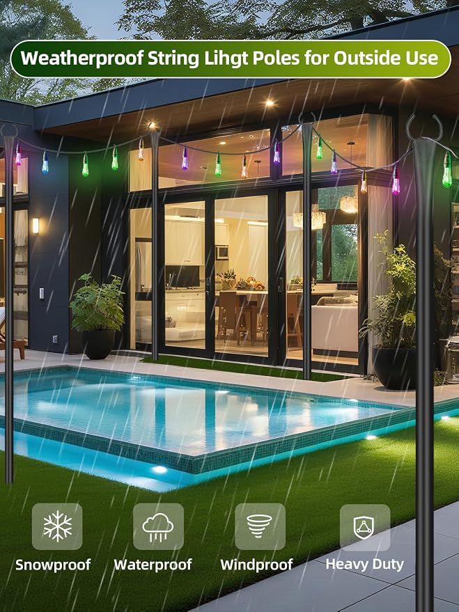 String Light Poles for Outside, 4 Pack 10 ft Adjustable Light Poles | Heavy Duty, Weather Resistant, 5 Prong Stable Base, Ground & Fence Mount, Fence Clips Included, For Patio Garden Porch Decor