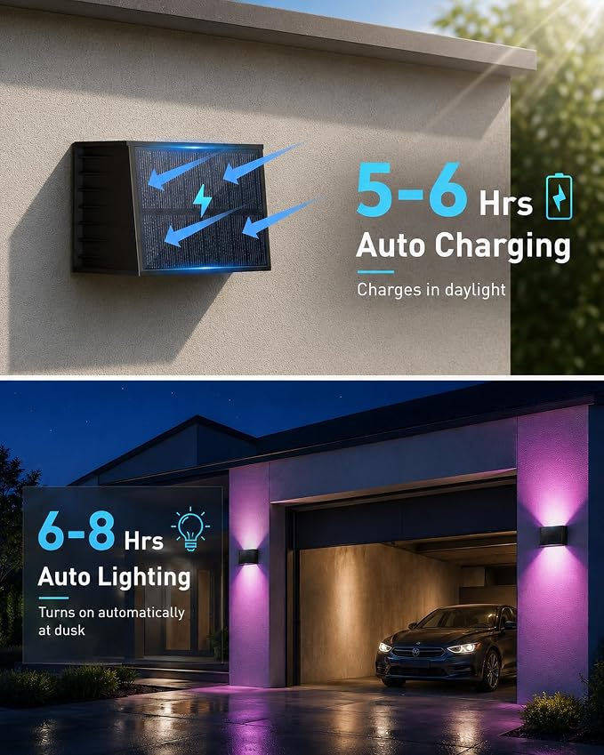 Solar Wall Lights Outdoor, Color Changing, 6 Pack | IP65 Waterproof Up and Down Wall Lighting, Solar Outdoor Light Decorative for Porch, Garage, Doorway, Patio, Fence